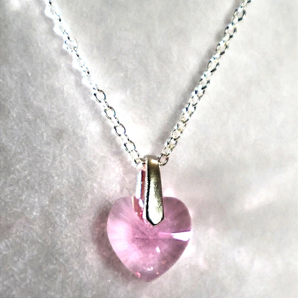 Swarovski Crystal Pink Heart Necklace Silver Plated Pendant 16-18" Adjustable